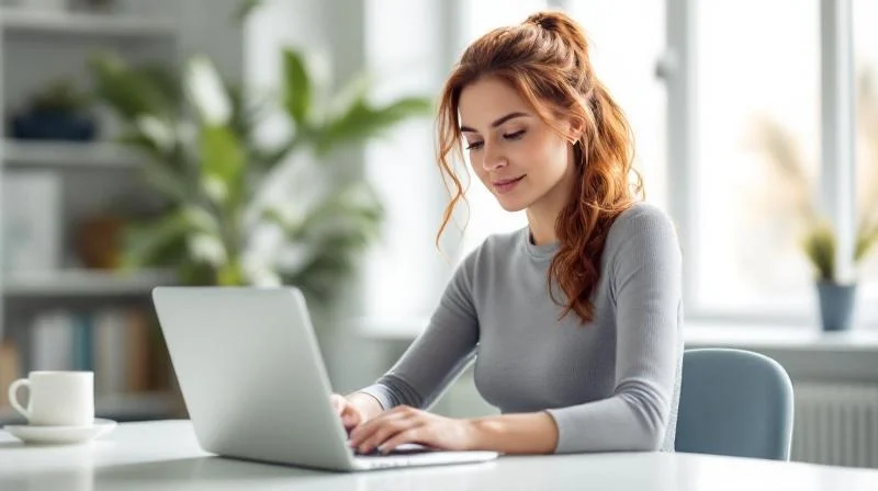 Frau arbeitet konzentriert am Laptop in einem hellen modernen Büro in Flensburg